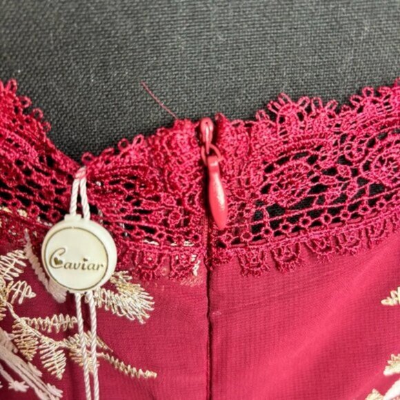 Cariar Vintage Women's Large Burgundy Floral Dress Embroidered Lace Puff Sleeve - Picture 13 of 16